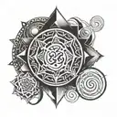 A geometric design incorporating the Om symbol and representations of the five elements (earth, water, fire, air, and ether) tattoo design idea