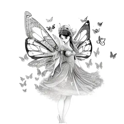 adult fairy girl surrounded by butterflies tattoo design idea