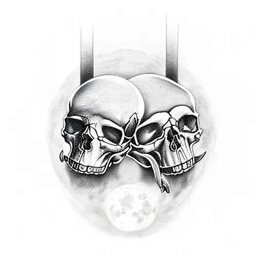 2 skulls that complete together a full moon in a dark manner tattoo design idea