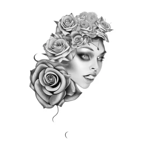 a woman with a crown on her head with snakes a hair and purple roses for eyes tattoo design idea