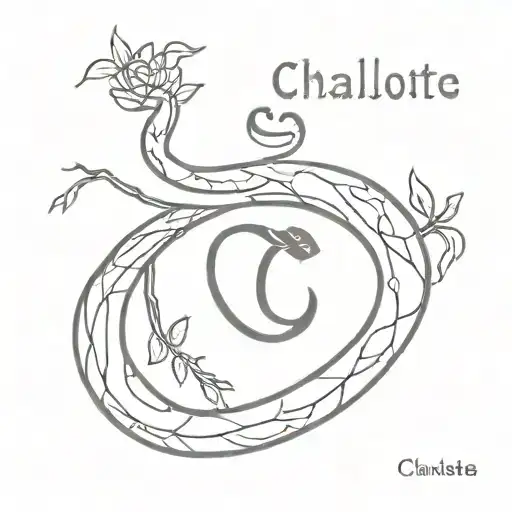 snake with the word charlotte on top and dead tree tattoo design idea