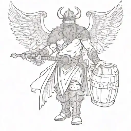 a viking with wings, beer and a banner tattoo design idea