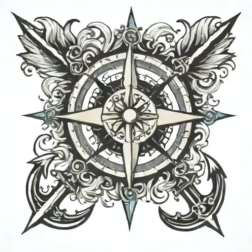 compass rose with anchor cross surrounded tattoo design idea