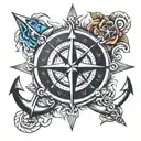 compass rose with anchor cross surrounded tattoo design idea