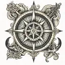compass rose with anchor cross surrounded tattoo design idea