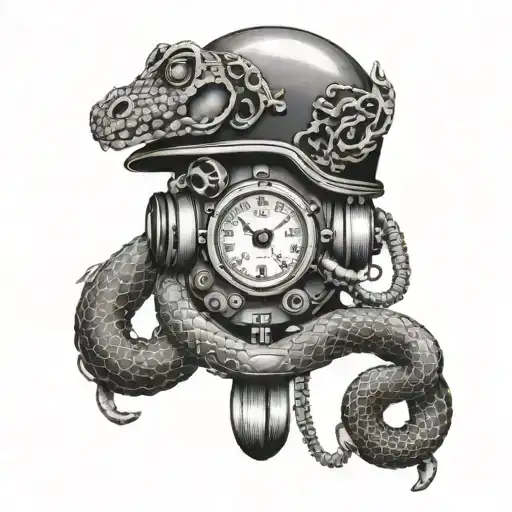 An intricate design of a snake wrapping around a diving helmet, with elements of medical tools incorporated to represent your occupation as a nurse. tattoo design idea