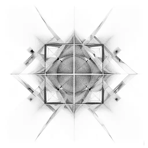 Interlocked squares joined by lines, straight, a total of 4 large squares, black and white, transcendent geometry, symme tattoo design idea