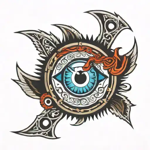 evil eye at center of saw blade  tattoo design idea