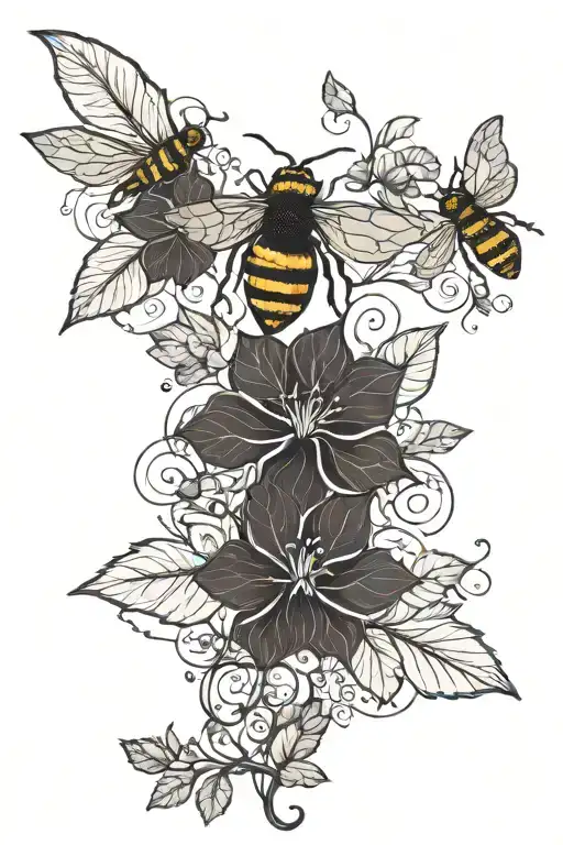 ivy vines, flowers, and bees tattoo design idea