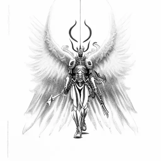 bald archangel battling demons in a dark universe with shades of grey behind tattoo design idea