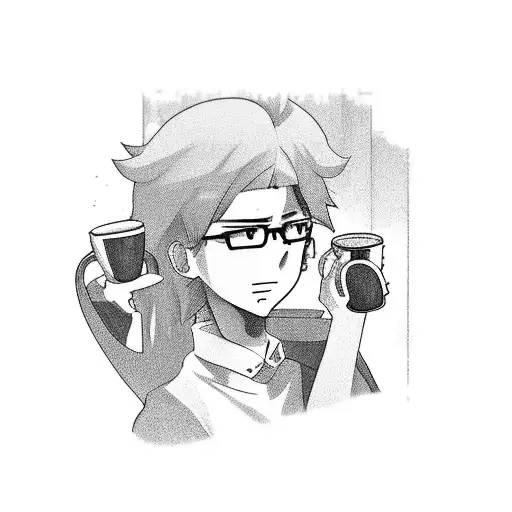 An anime-inspired scene of a programmer drinking coffee while playing a computer game tattoo design idea