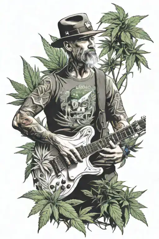 A realistic portrait of a veteran playing a guitar with cannabis plants in the background tattoo design idea