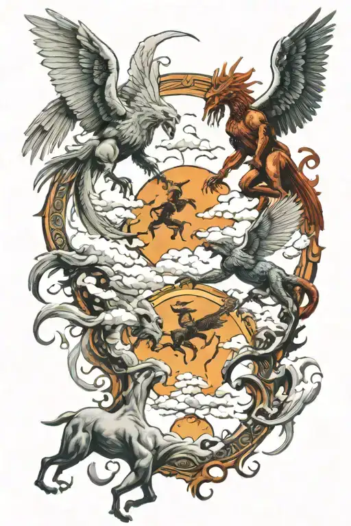 Heaven versus hell battle scene tattoo design idea