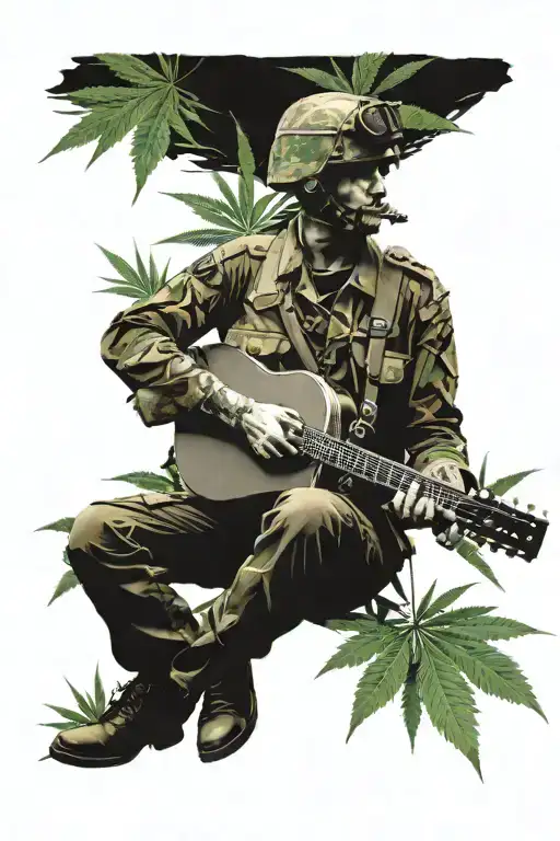 A realistic portrait of a soldier playing a guitar with cannabis plants in the background tattoo design idea