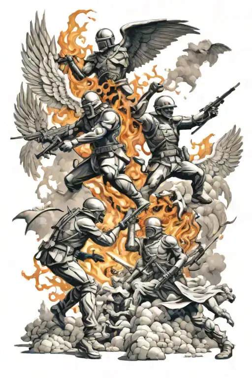 Heaven versus hell battle scene with soldiers tattoo design idea