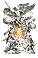Heaven versus hell battle scene with soldiers tattoo design idea