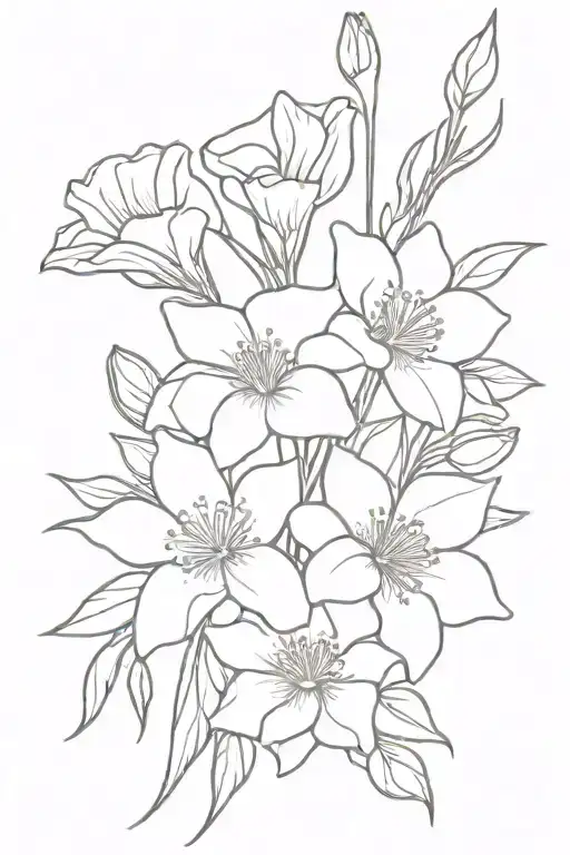 flower bouquet. including a violet, daffodil, carnation, poppy, rose and morning glory flowers tattoo design idea
