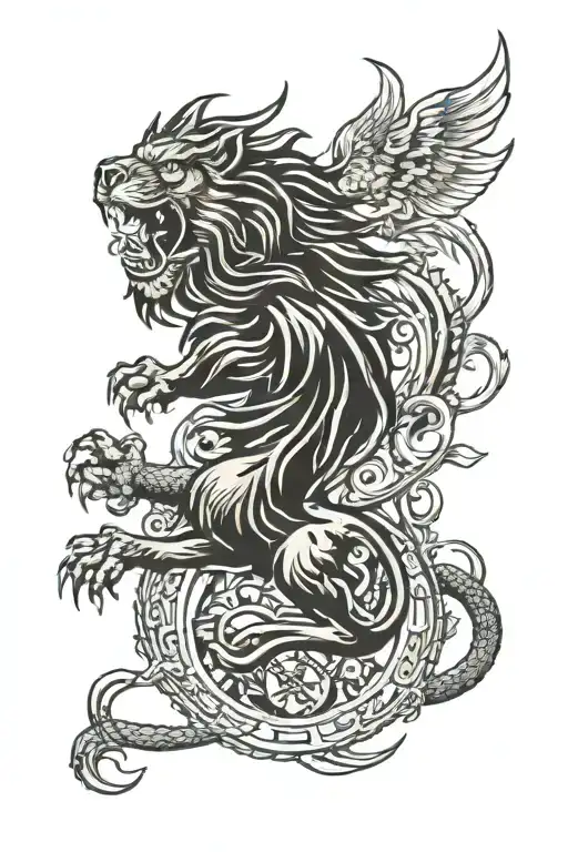 lion, dragon, military and sound tattoo design idea