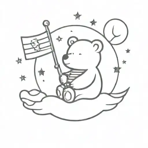 bear sitting on moon holding flag tattoo design idea