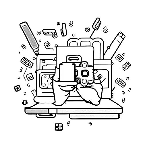 A minimalist tattoo of an open book with pixelated video game characters emerging from its pages tattoo design idea