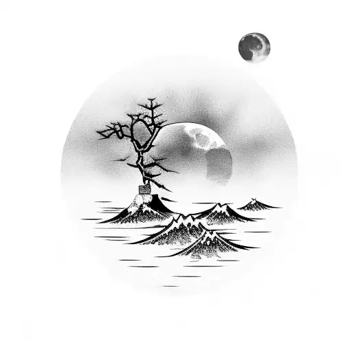 japanease style black ocean with a moon a red sun and a bonsai  tattoo design idea
