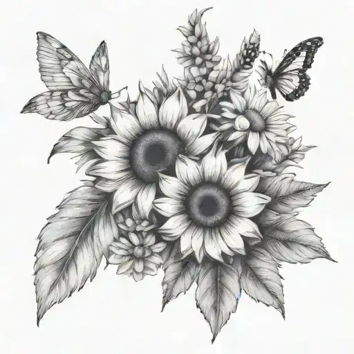 bouquet including a rose a sunflower a daisy edelweiss a black eyed susan and lavender and a semi colon  tattoo design idea