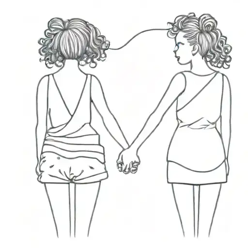 cute simple two girls with curly buns holding hands full body tattoo design idea
