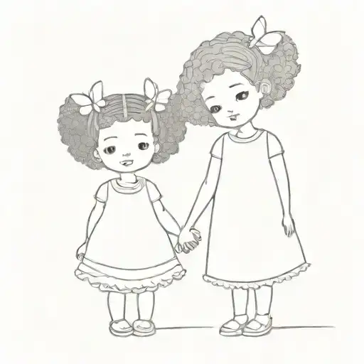 cute simple two kawaii kid girls with curly afro bun hair holding hands full body and big butterflies around them  tattoo design idea