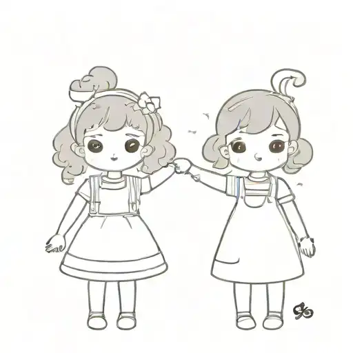 cute simple two kawaii kid girls with curly buns holding hands full body tattoo design idea
