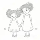 cute simple two kawaii kid girls with curly puffy hair holding hands full body and butterflies around them  tattoo design idea