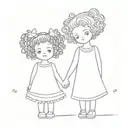 cute simple two kawaii kid girls with curly puffy hair holding hands full body and butterflies around them  tattoo design idea