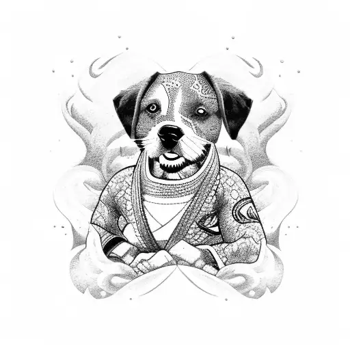 A dotwork tattoo of a dog playing jiu jitsu on the beach tattoo design idea
