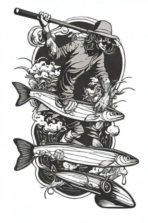 flyfishing rod casting line tattoo longboard Surfer   tattoo design idea