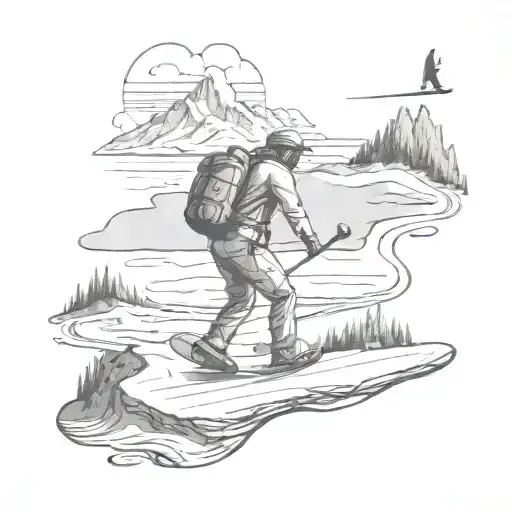 A golf course landscape with hiking trails winding through it, a snowboarder carving down the fairway, and a beach in the distance tattoo design idea