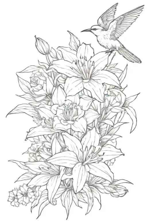 flowers, a rose going really high up, a daffodil, some daisies, a tulip and a bird of paradise  tattoo design idea