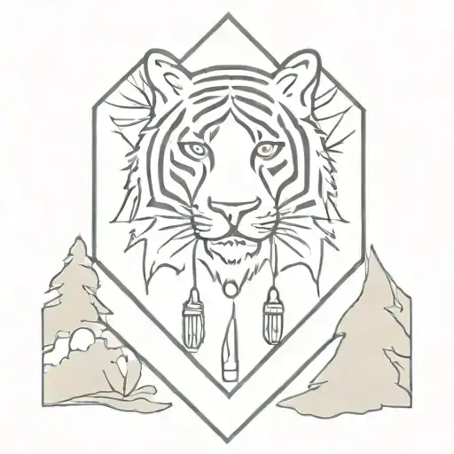 A unique minimalist tattoo design of a paramedic's badge intertwined with rap music notes and a tiger's paw print, set against a serene forest background tattoo design idea