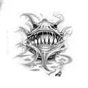 scary angler fish from hell surrounded by fish skeletons tattoo design idea