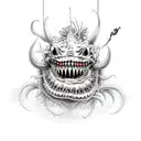 scary angler fish from hell surrounded by fish skeletons tattoo design idea