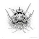 scary angler fish from hell surrounded by fish skeletons tattoo design idea