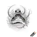 scary angler fish from hell surrounded by fish skeletons tattoo design idea