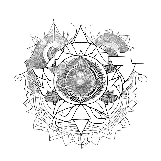 An abstract tattoo design featuring a blend of spirituality, magic mushrooms, and techno elements, all coming together under a radiant sunset tattoo design idea