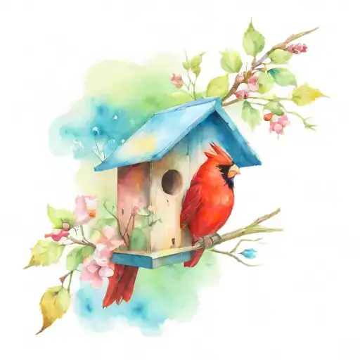 cardinal on a branch with a birdhouse tattoo design idea