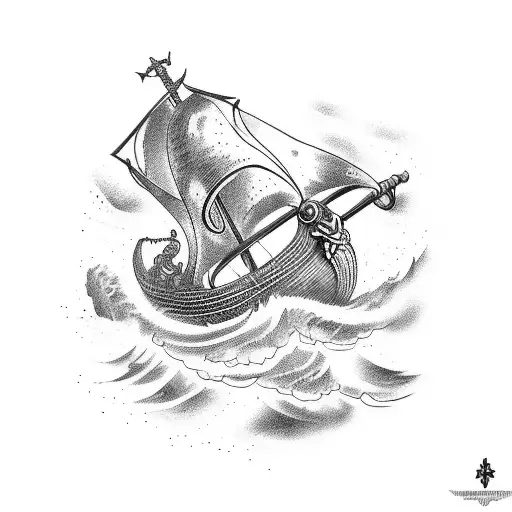 Viking ship sailing through stormy seas tattoo design idea