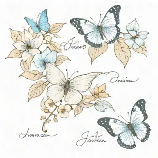 January birth flower and March birth flower and July birth flowers, with blue butterflies  tattoo design idea