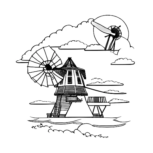 flying windmill island gorillaz tattoo design idea