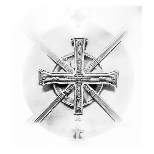 steampunk christian cross in the mount with roman soldiers on they knees tattoo design idea