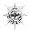 steampunk christian cross in the mount with roman soldiers on they knees tattoo design idea