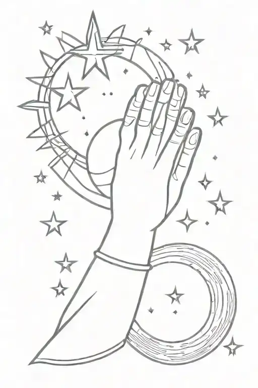 Graphic design with praying hands, moon, 4 stars, sea, unalome, sun. Simple line tattoo design idea