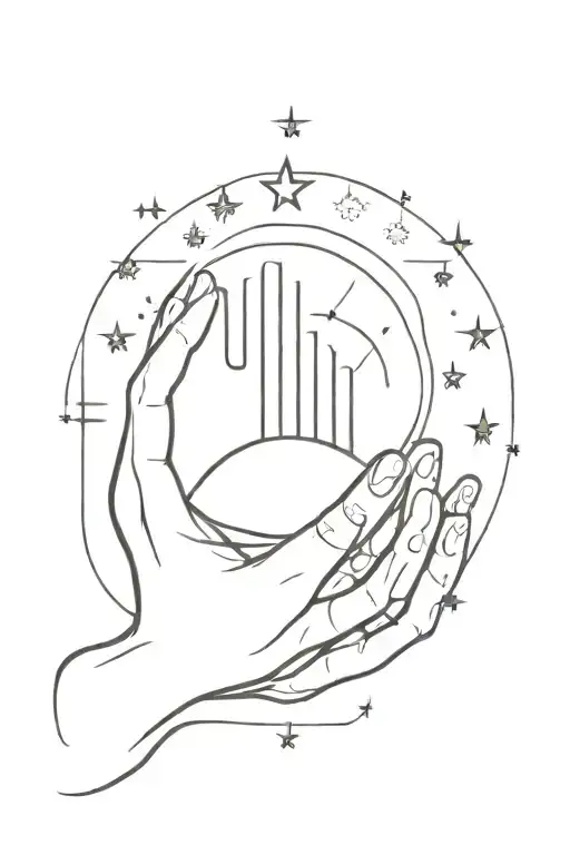 Graphic design with praying hands, moon, 4 stars, sea, unalome, sun. Simple line tattoo design idea