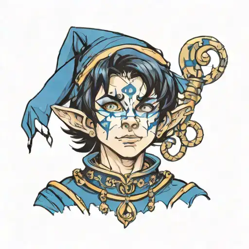 boy with black hair and dark blue eyes in jester outfit  tattoo design idea